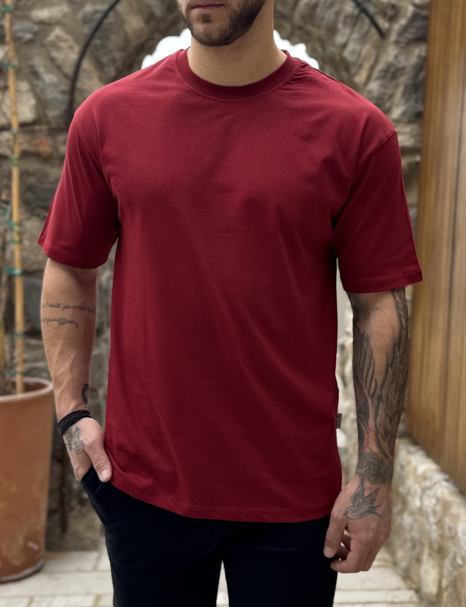 Ανδρική βαμβακερή κόκκινη κοντομάνικη Oversized μπλούζα KEF2622K